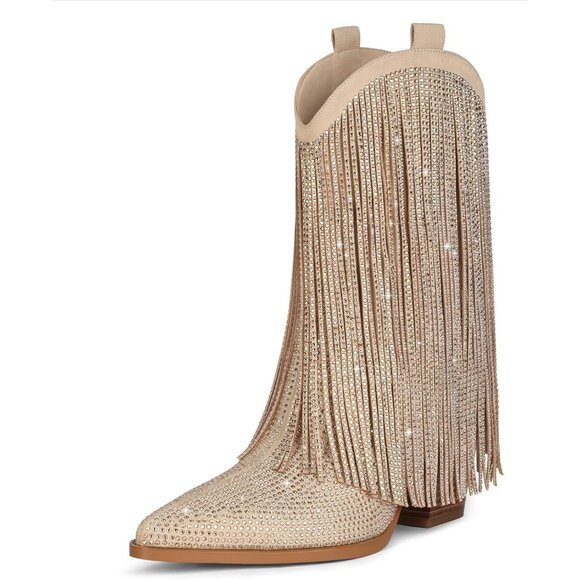 Shoes - Women's Beige Cowgirl Rhinestone Wide Calf Pointed Toe Chunky Stylish Heel Boot